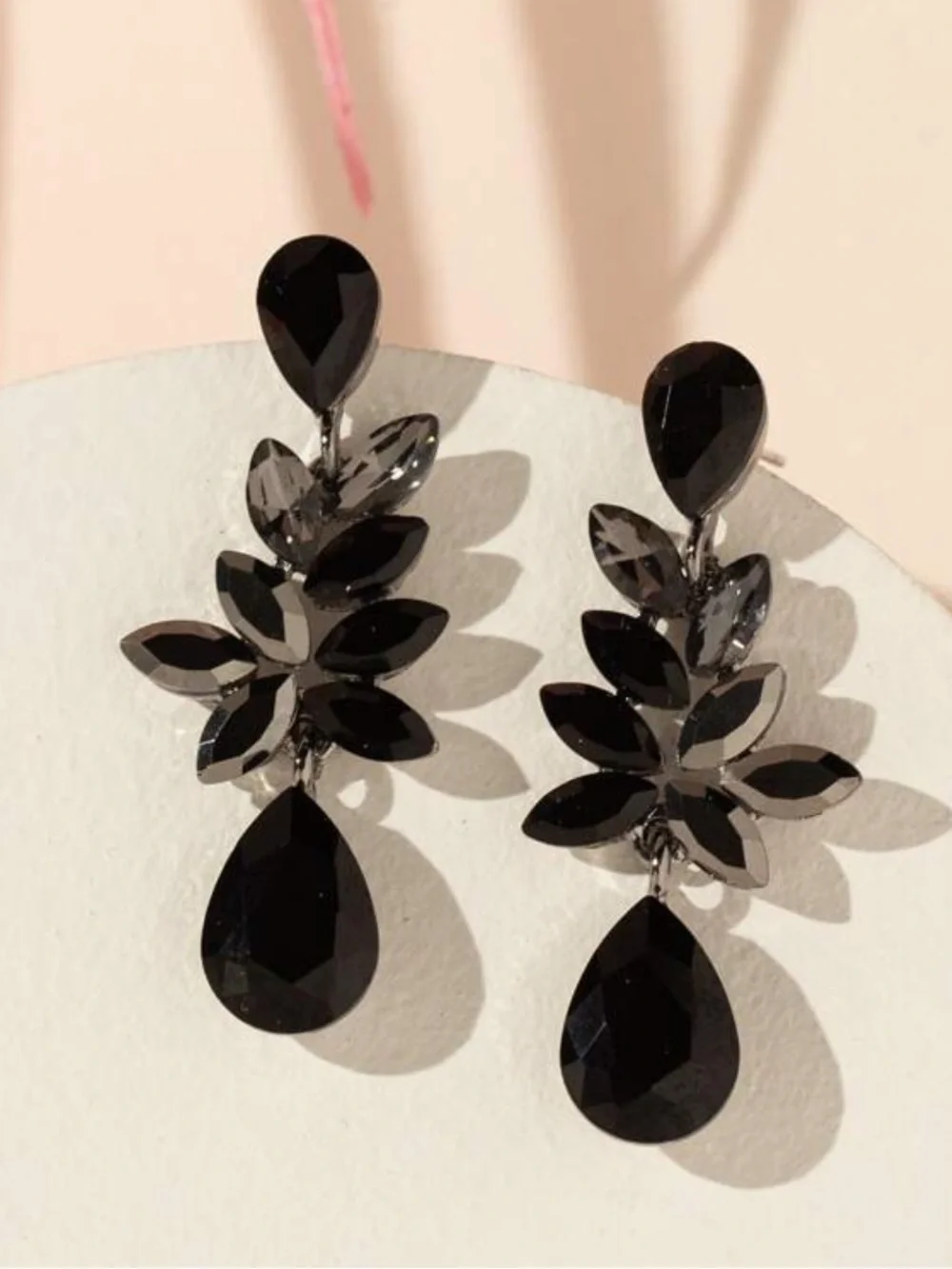 Elegant Black Teardrop Crystal Leaf Earrings